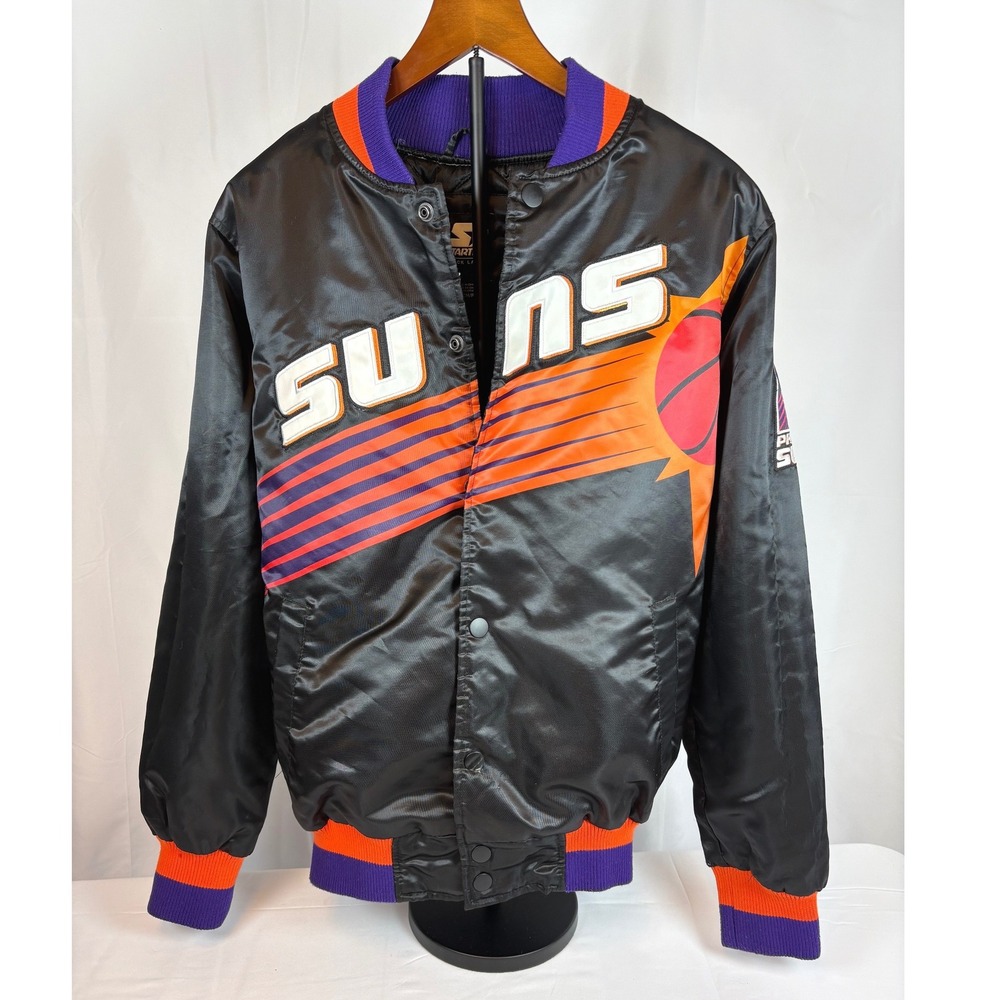 Phoenix Suns NBA Starter Black Satin Bomber Jacket Embroidered Men L Snap Front